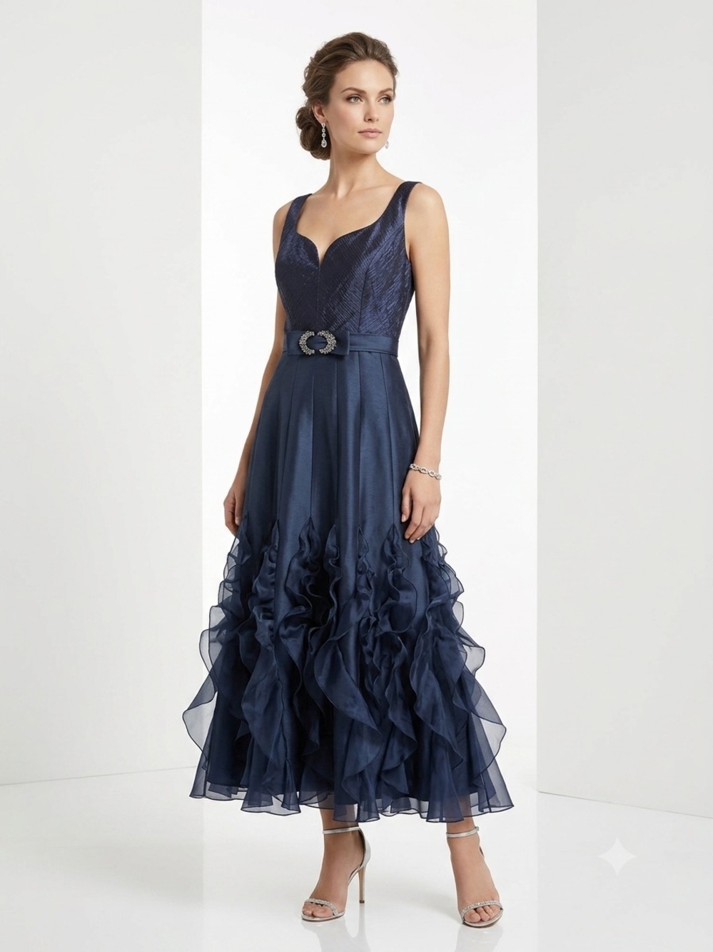 🩵 Ross Mayer 100% Silk Navy Ruffle Dress Size 10